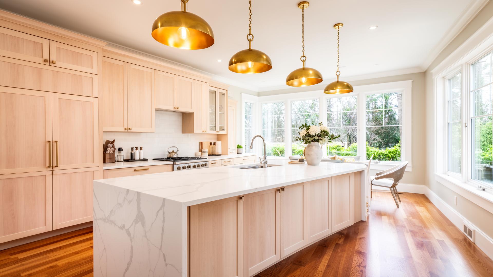 A bright, remodeled Omaha kitchen with white oak cabinets and gold pendant lighting